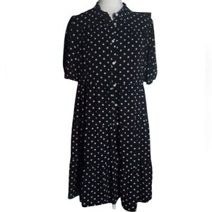 Eliza J Polka Dot Tiered Midi Dress Button Front Flowy Pocket Black White Size 8